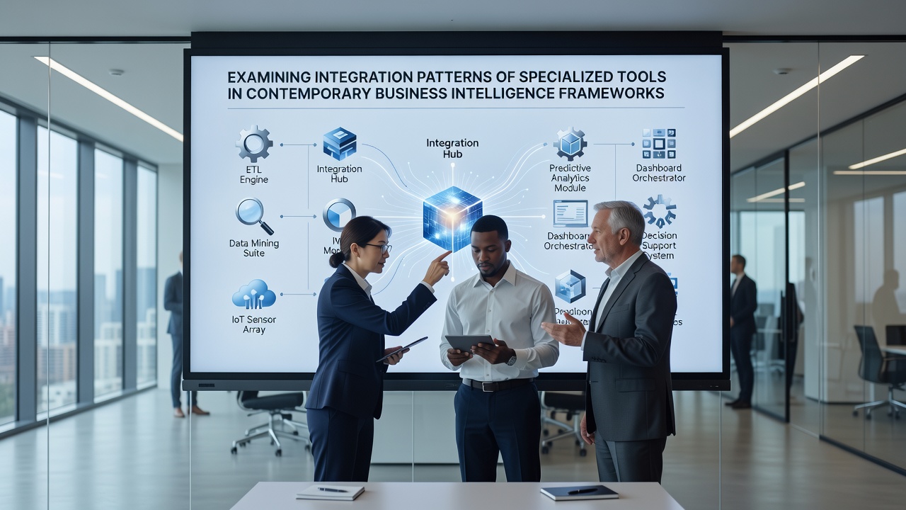 Diagram illustrating API and event-driven integration flows in business intelligence environments with connected data sources and analytics modules